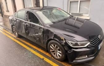 The smashed VW Passat parked on a Durrow street.