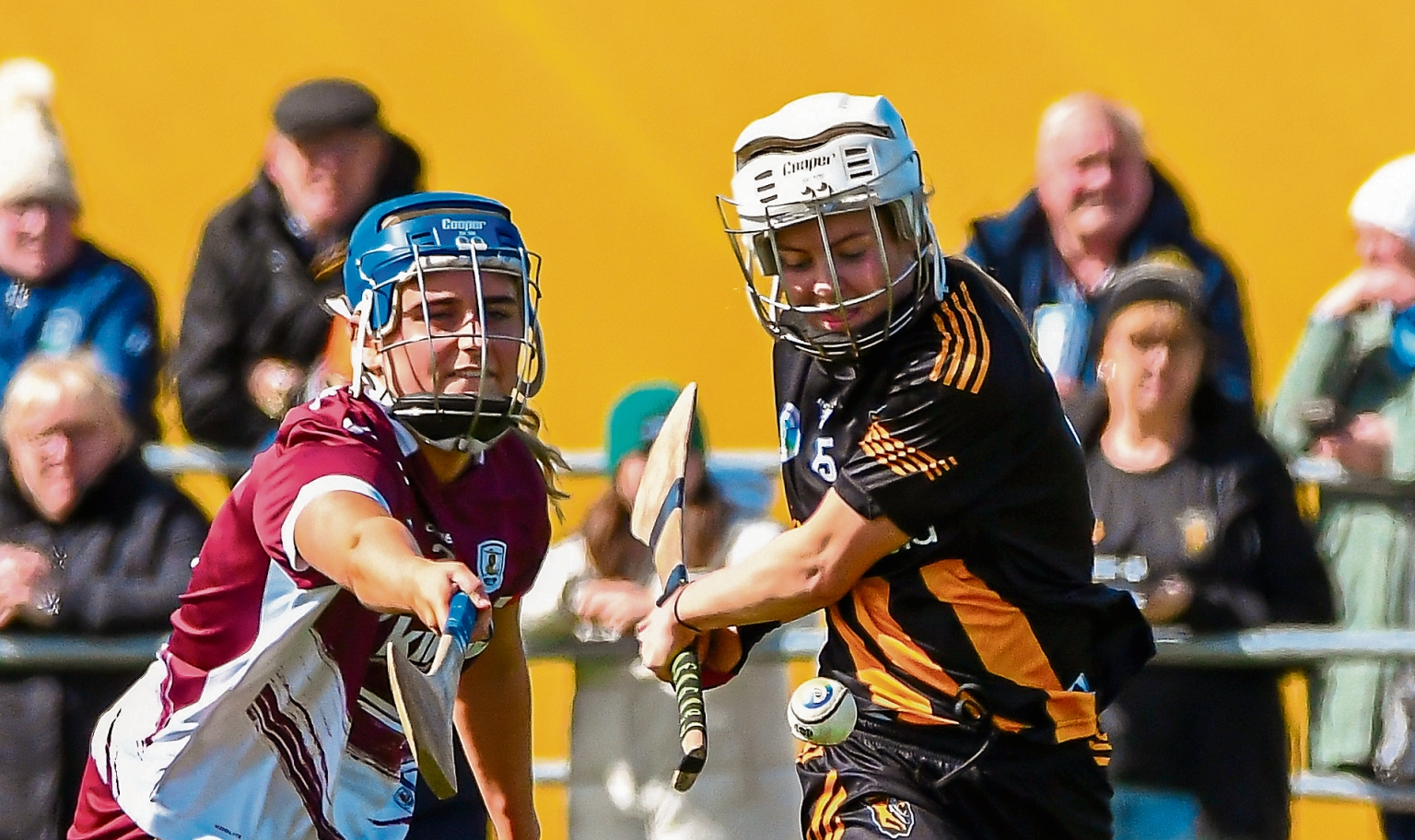 Claire Doheny (Kilkenny) gets her shot away as Allison Greaney (Galway) tries to get in to make the hook. Picture: Billy Culleton