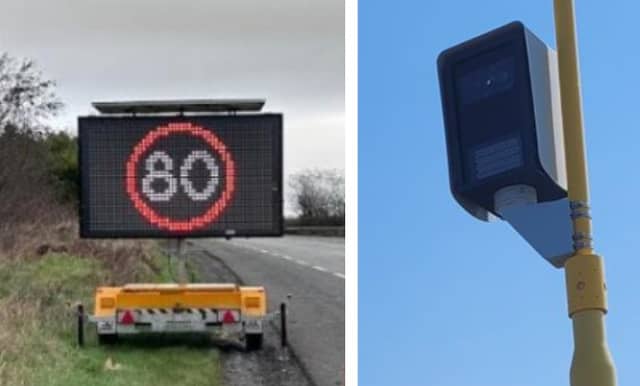LEFT: Temporary signage that was rolled out for this stretch of the N25 in Kilkenny earlier this year / RIGHT: The speed camera that has seen a ‘major increase in fines’