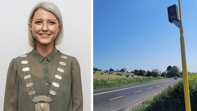 Cllr Niamh O'Donovan and the static speed camera on the N25