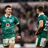Ireland players Sam Prendergast, left, and Jack Crowley during the Guinness 6 Nations Rugby Championship match between France and Ireland at Stade de France in Paris, Photo by Seb Daly/Sportsfile