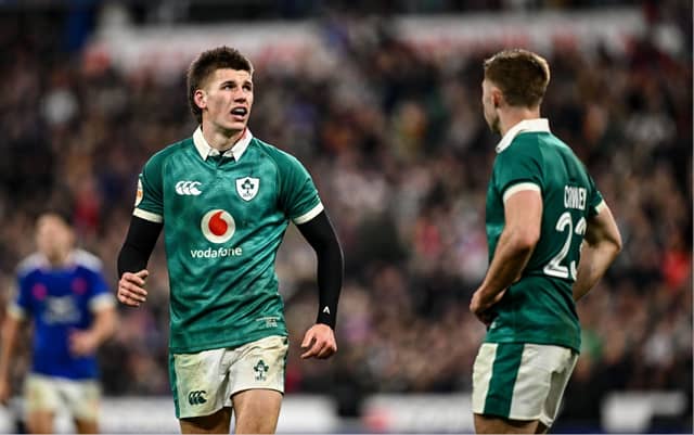Ireland players Sam Prendergast, left, and Jack Crowley during the Guinness 6 Nations Rugby Championship match between France and Ireland at Stade de France in Paris, Photo by Seb Daly/Sportsfile