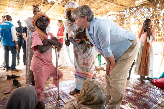 Alongside actress and War Child ambassador Carey Mulligan, Ms Cooper met women fleeing the conflict as she visited Adre, a town in eastern Chad on the border with Sudan, on Tuesday.
