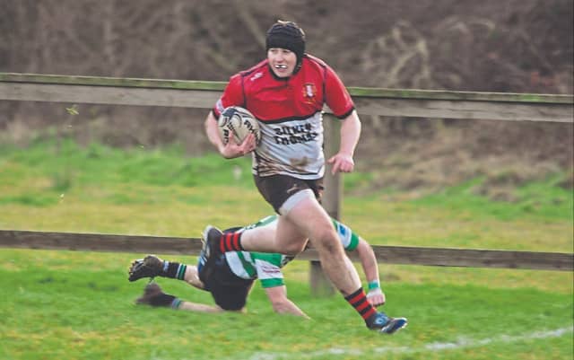 Adam Meehan of Cill Dara RFC on the run in for the first of two tried v Balbriggan in the Towns Cup 1st Round Rugby Game on Sunday in Cill Dara RFC, Photo by Martin Rowe