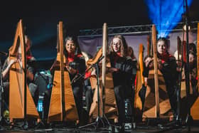 Laois musicians were part of the Music Generation Ireland Harp collective to perform at Fleadh Cheoil na hEireann in Wexford 2025. Photo: Claire Loughran