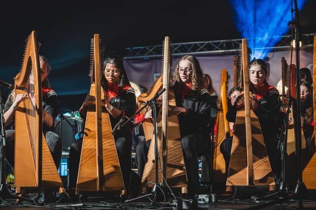 Laois musicians were part of the Music Generation Ireland Harp collective to perform at Fleadh Cheoil na hEireann in Wexford 2025. Photo: Claire Loughran