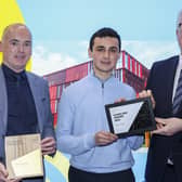 James Cassidy with Damien McCrory, Principal of St Eunan’s College, Letterkenny with DCU President, Professor Dáire Keogh. Photo: Kyran O’Brien/DCU
