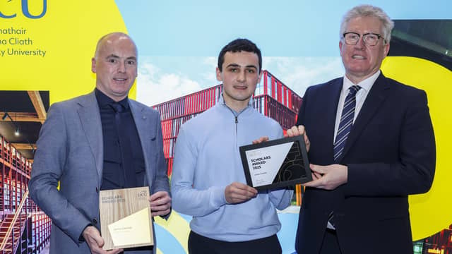 James Cassidy with Damien McCrory, Principal of St Eunan’s College, Letterkenny with DCU President, Professor Dáire Keogh. Photo: Kyran O’Brien/DCU
