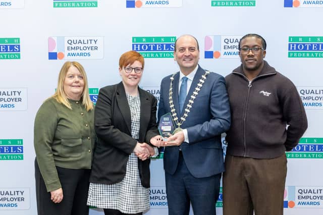 Breige Caldwell-Duffy, Una Clifford and Daniel Michael from The Fairways Hotel, Dundalk, pictured with Irish Hotels Federation (IHF) President Michael Magner