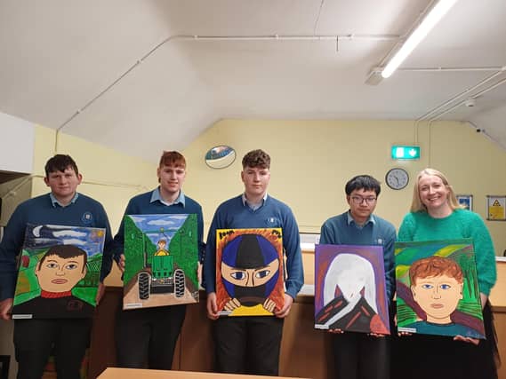 Grennan College LCA students, James, Brandon, Ryan and Yao Hua with their art teacher, Ms Laura Gladney