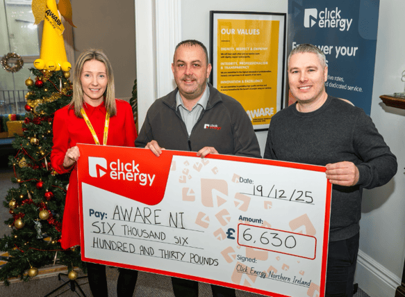 Pictured (L-R) are Mary Molloy, Corporate Relationship Officer at AWARE NI, David Armstrong, Operations manager at Click Energy, and Andy Porter, Managing Director at Click Energy.