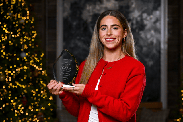 Ellen Lawlor from Kilkenny club Muckalee is pictured with The Croke Park Hotel/LGFA Player of the Month award for November 2025, at The Croke Park Hotel in Jones Road, Dublin.