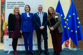 Laois County Council's Regina Dunne Tourism Activator, Elaine Moore Tourism Officer and Cllr Barry Walsh Cathaoirleach with the Green Pioneer winning rep Dubrovnik, Julijana Antic Brautovic.