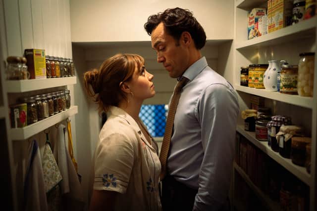 Doctor Who star Tennant plays TV mogul Lord Tony Baddingham in the series. Another photo shows Alex Hassell as lothario Rupert Campbell-Black and Bella Maclean as Taggie O’Hara getting close in a pantry.
