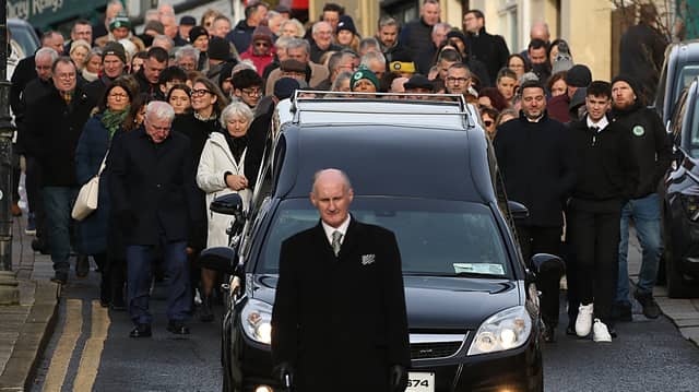 The funeral procession of the late Michael McLoone in Ballyshannon this afternoon. Photo: Thomas Gallagher