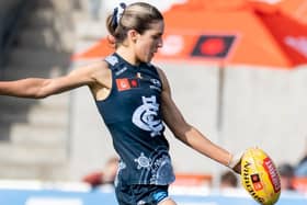Dayna Finn playing for Carlton in the AFLW. Pic: Carlton FC