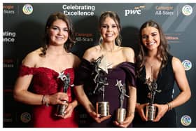 Clodagh Tynan, Aimee Collier (PwC Premier Junior Player of the Year) and Grainne Delaney with their Soaring Stars awards at Croke Park on Saturday evening. Credit: INPHO/Dan Clohessy
