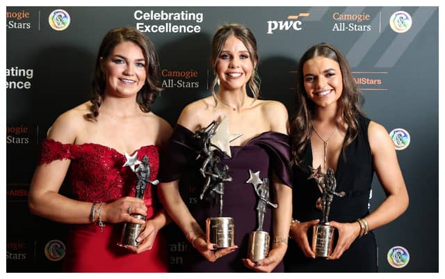 Clodagh Tynan, Aimee Collier (PwC Premier Junior Player of the Year) and Grainne Delaney with their Soaring Stars awards at Croke Park on Saturday evening. Credit: INPHO/Dan Clohessy