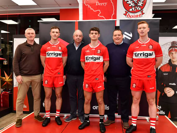 John Tumilty (O’Neills Sportswear), John Keenan (Chairperson, Derry GAA) and Cormac McCloskey (Co-owner, Errigal Group) with players John Mullan, Patrick McGurk and Marty Bradley. Pic: George Sweeney