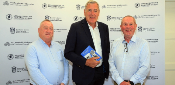 Pictured with Packie Bonner at the recent launch of the ‘Working Over By’ exhibition in the County Museum in Letterkenny are Dr. Paddy Fitzgerald and Dr. Liam Campbell from the Mellon Centre for Migra