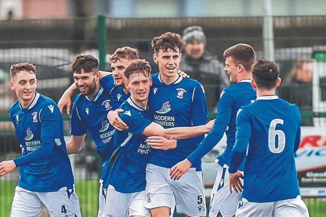 Joe Banville (second from left) continued his goalscoring streak for Freebooters on Saturday night