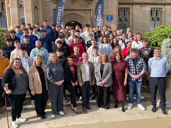 Launch of Talent Hub 2025 at Ulster University’s Derry campus, included are representatives from Ulster University Business School, FinTrU, Derry Chamber of Commerce and participating students.