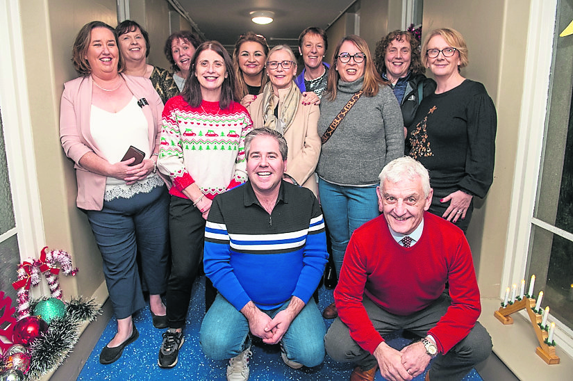 Celebrity Chef Edward Hayden, Cllr James Kelly with the Class of 1990 enjoying the Cookery Demonstration at Bloom HQ, Mountrath in 2023. Photo: Denis Byrne