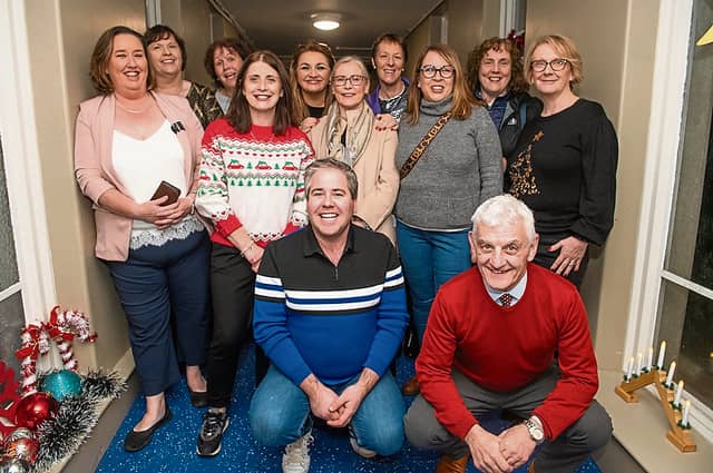 Celebrity Chef Edward Hayden, Cllr James Kelly with the Class of 1990 enjoying the Cookery Demonstration at Bloom HQ, Mountrath in 2023. Photo: Denis Byrne