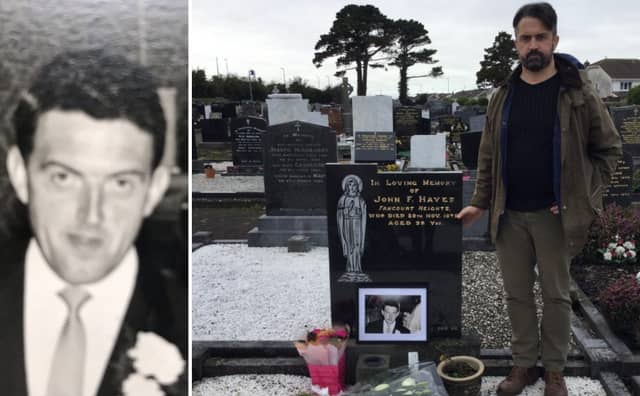 Brendan Hayes pictured at the grave of his father, John Hayes from Coon, who was killed in a bomb attack in 1975