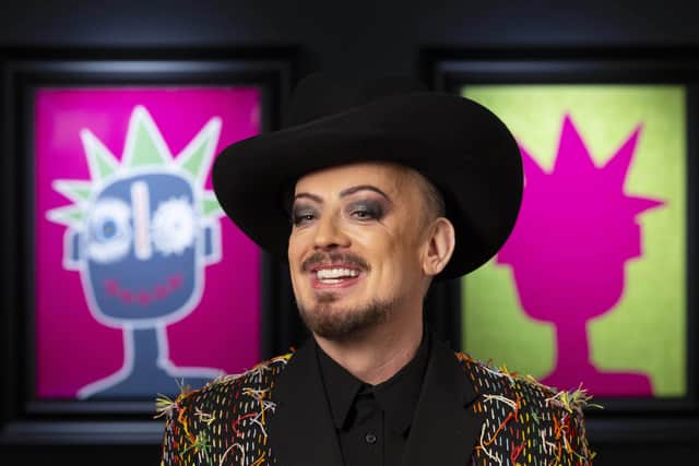 The collection is comprised of brightly coloured punk-inspired twin portraits that show one figure smiling and the other frowning.