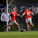 Magherafelt's Paddy McLarnon (right) celebrates scoring a goal against Glen last weekend. (Photo: nwpresspics)