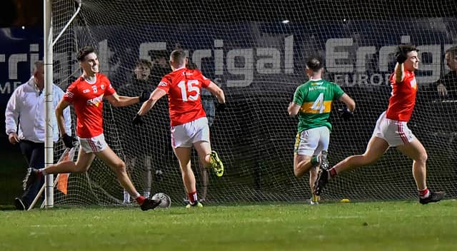 Magherafelt's Paddy McLarnon (right) celebrates scoring a goal against Glen last weekend. (Photo: nwpresspics)