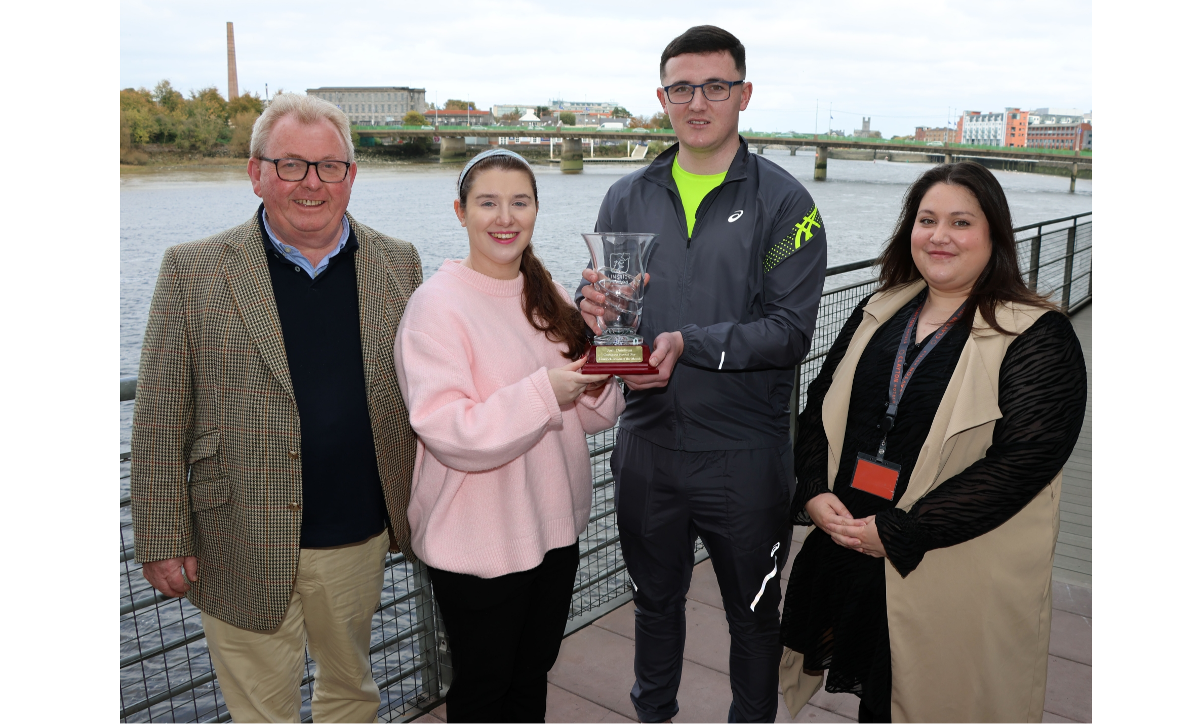 Josh Quinlivan receiving the Limerick Person of the Month award from Kayley Hardiman, Limerick Leader, also present are Dave O’Hora of Southern and Emma Pond, Clayton Hotel    Picture: Adrian Butler