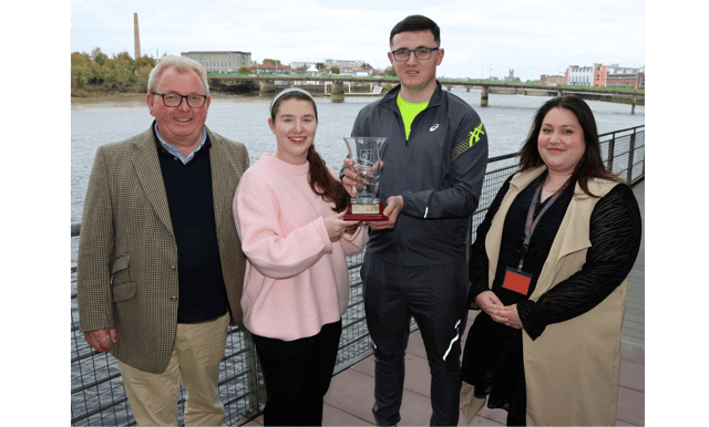 Josh Quinlivan receiving the Limerick Person of the Month award from Kayley Hardiman, Limerick Leader, also present are Dave O’Hora of Southern and Emma Pond, Clayton Hotel Picture: Adrian Butler