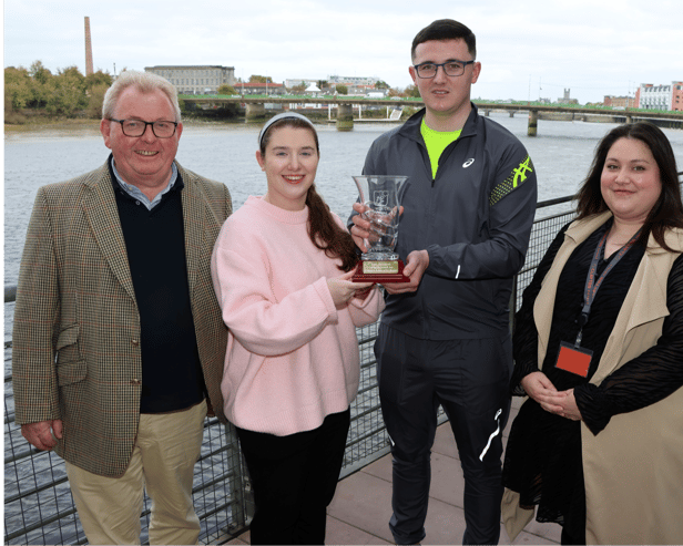 Josh Quinlivan receiving the Limerick Person of the Month award from Kayley Hardiman, Limerick Leader, also present are Dave O’Hora of Southern and Emma Pond, Clayton Hotel    Picture: Adrian Butler