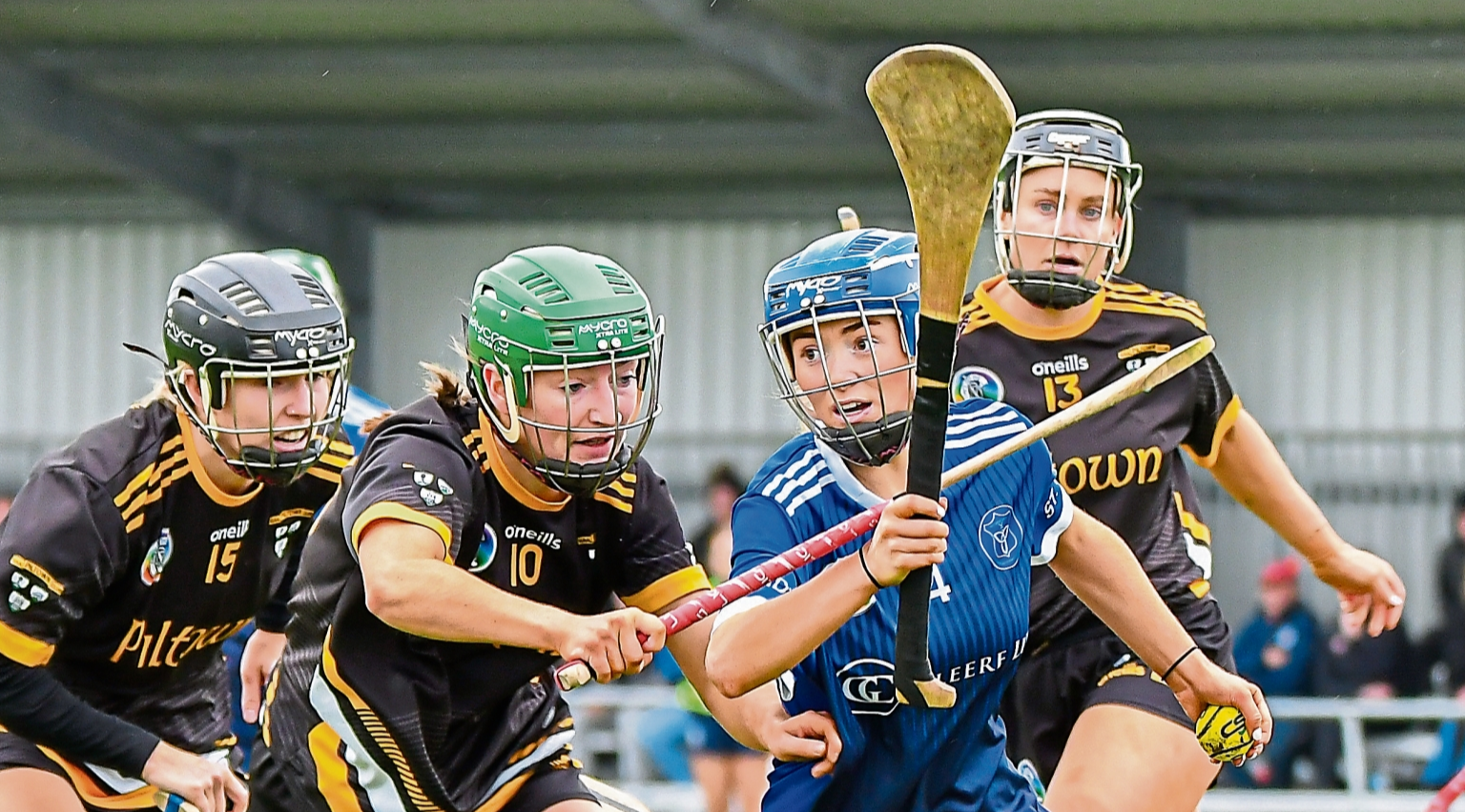 Ava Brett (St Brigid’s) tries to get away from Ellen O’Keeffe (Piltown) during the senior camogie county semi-final in Thomastown.  Pictures: Billy Culleton