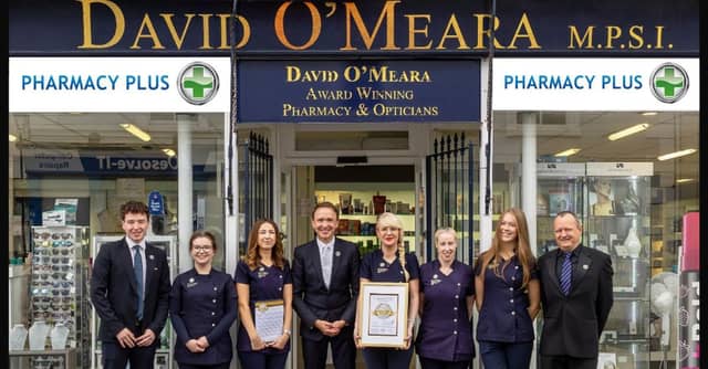 David O'Meara and the team at Pharmacy Plus Birr celebrate being honoured with the Business All-Star Community Pharmacy of the Year 2025 by the All-Ireland Business Foundation.