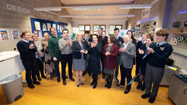 Mowi Ireland Operations Director Catherine McManus cuts the tape at the opening of a brand-new Stem lab and makerspace at Mulroy College in Milford Photo: Clive Wasson