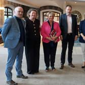 From left: Damien McCroary principal of St Eunan’s College, teacher Dawn Costello, financial bursar Eilish Masterson, Charlie McConalogue TD, Minister Helen McEntee, Senator Nikki Bradley, Pat ‘the Co