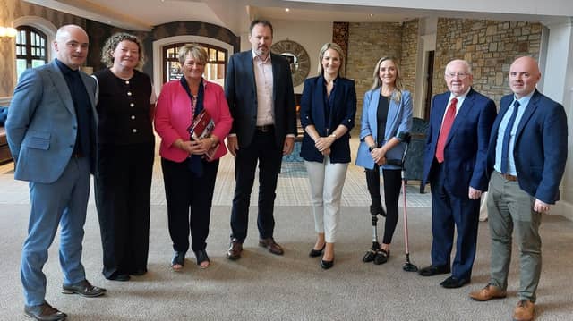From left: Damien McCroary principal of St Eunan’s College, teacher Dawn Costello, financial bursar Eilish Masterson, Charlie McConalogue TD, Minister Helen McEntee, Senator Nikki Bradley, Pat ‘the Co