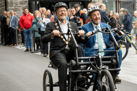 Mayor John Moran and Minister Jerry Buttimer in tandem at the launch of the Limerick Greenway Hub @ Rathkeale  I PICTURE: Don Moloney