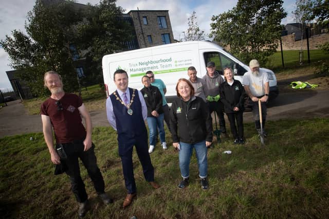 The Mayor, Ruairi McHugh pictured with Donna McCloskey and some of the Triax Neighbourhood Management Team during Monday's 'Creggan in Bloom' launch.