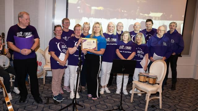 Donegal Relay for Life Survivors Choir recipients of the Gordy Klatt Award at the Relay For Life Donegal 2025 cheque presentation event in the Mount Errigal Hotel. Photo Clive Wasson
