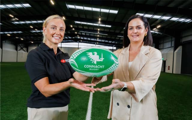 Co-director of Sound to Light, Dani Collins-Hadley, with Connacht Rugby's Senior Stadium Commercial Manager, Sandra Fahy, at the signing. Pic: Jeff Harvey