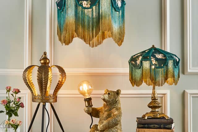 6. Regal Crown Table Lamp – Gold, £65; Forest Oasis Tassel Lamp Pendant Shade, £75; Brilliant Bear Table Lamp, £95, Joe Browns