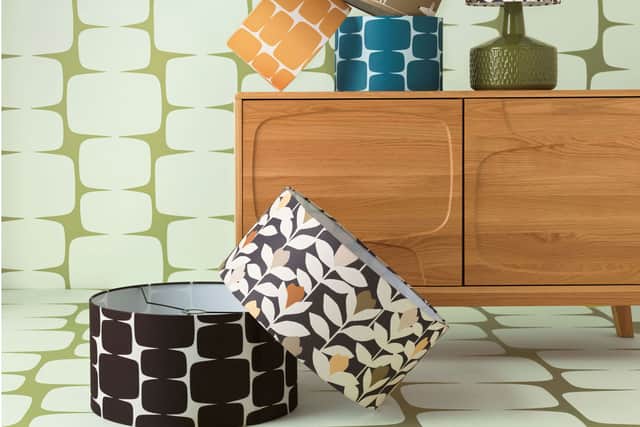 9. Habitat x Scion Yellow & Teal Lohko Drum Lampshades – 30cm, £20 each (left of sideboard); Habitat x Scion Green Lohko 2 Tier Pendant Shade – 45cm, £50; Habitat x Scion Padukka 44cm Ceramic Table Lamp – Green, £85; rest of items from a selection, Habitat