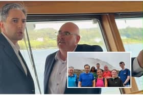 Images from Fine Gael - Tánaiste Simon Harris with Senator Manus Boyle in Killybegs, and Senator Nikki Bradley and others at Errigal