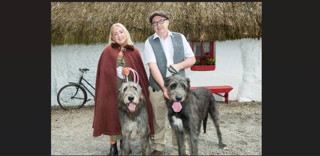 Christine Crummey and Hugh Kelly with their Irish Wolfhounds Róisìn and Molly at the Irish National Stud and Gardens
