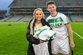 TJ Reid of Shamrocks Ballyhale with his wife Niamh de Brún-Reid and their new-born baby daughter Harper Mary after the AIB Leinster GAA Hurling Senior Club Championship Final
