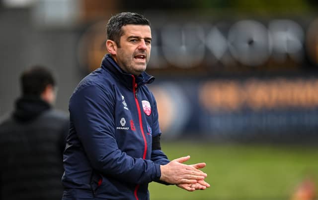 Treaty United manager Tommy Barrett cheers on his team at the Brandywell during their FAI Cup semi-final defeat in 2022. (Photos: Ramsey Cardy/Sportsfile)